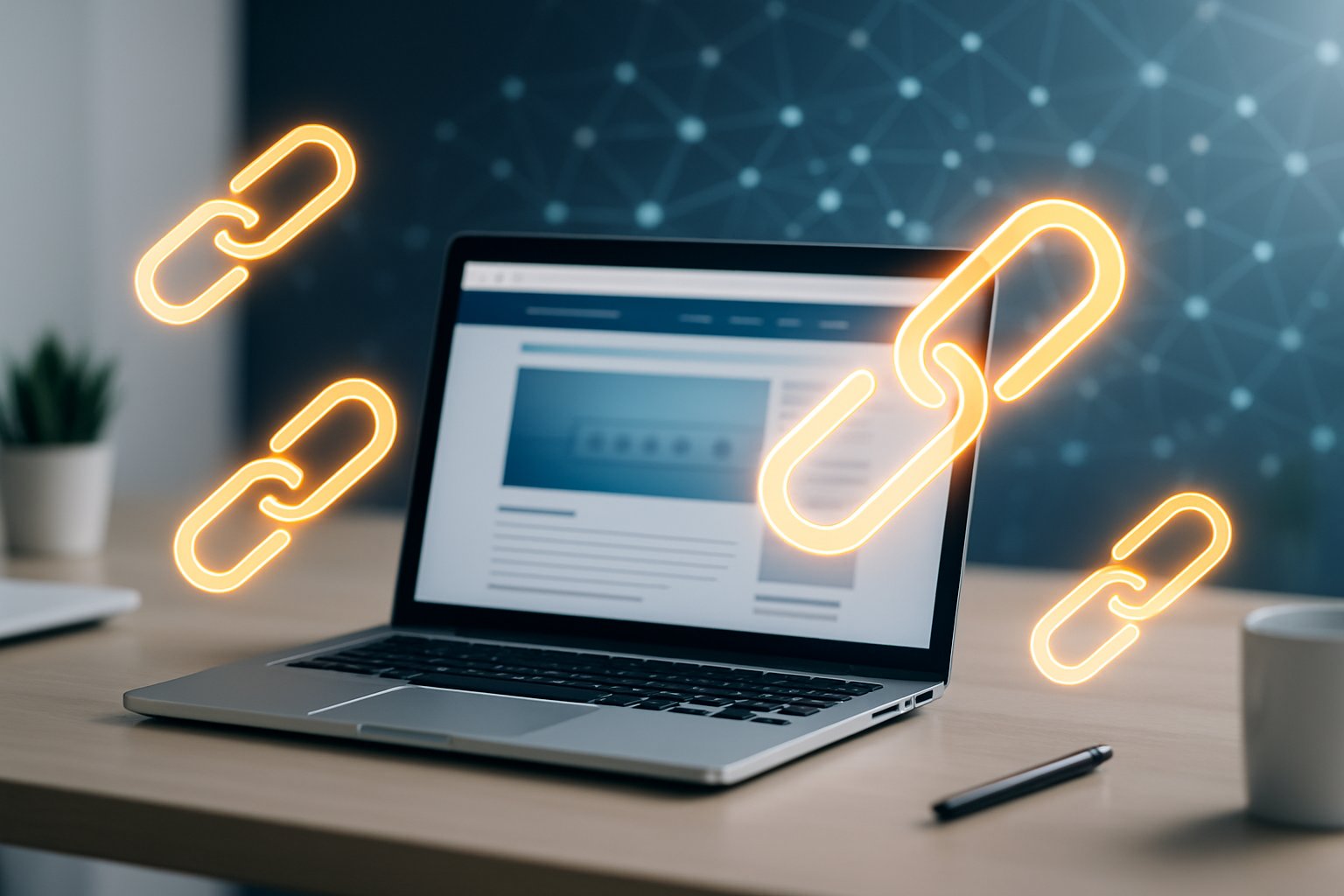 A laptop on a desk surrounded by glowing chain links and a digital network map in the background, symbolizing online connections.