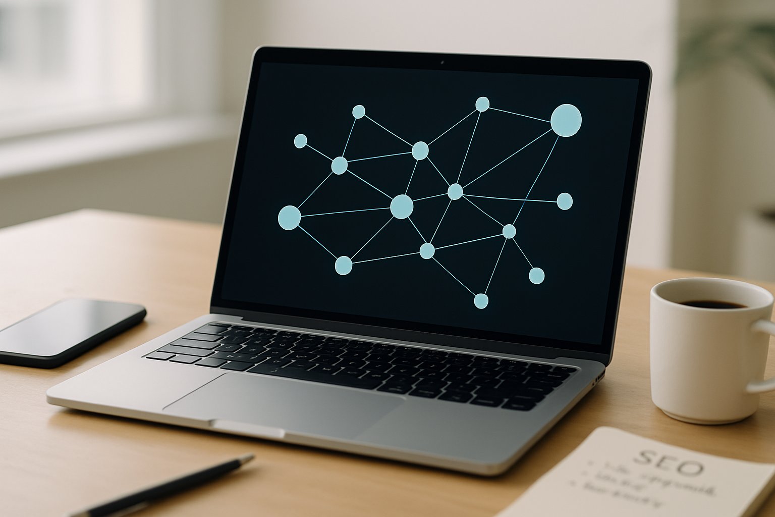 A laptop on a desk displaying a digital network graph with interconnected nodes, surrounded by a notepad, smartphone, and coffee cup.
