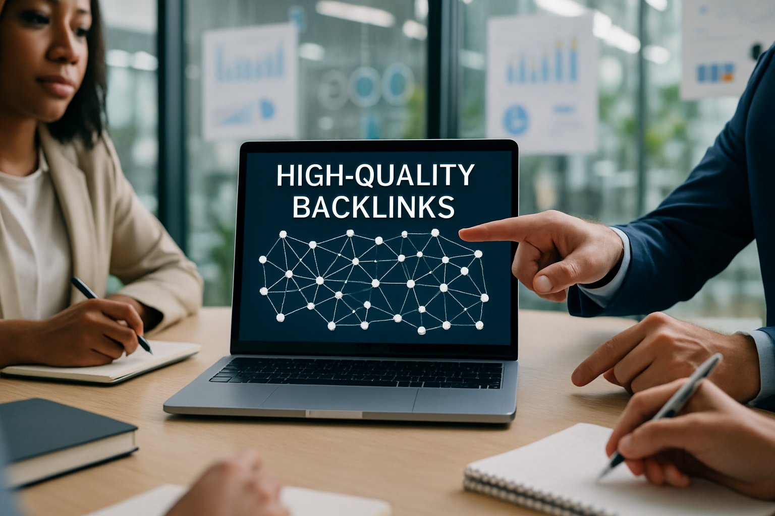 A group of professionals in an office discussing a laptop screen showing interconnected web links and charts.