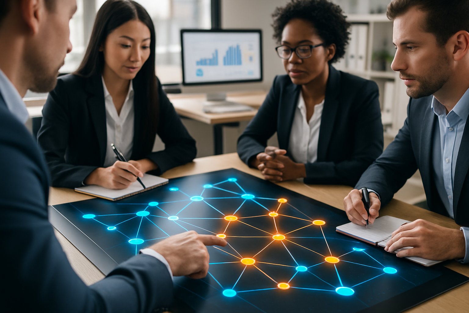 A group of business professionals collaborating around a digital touchscreen table displaying interconnected nodes and links in a modern office.