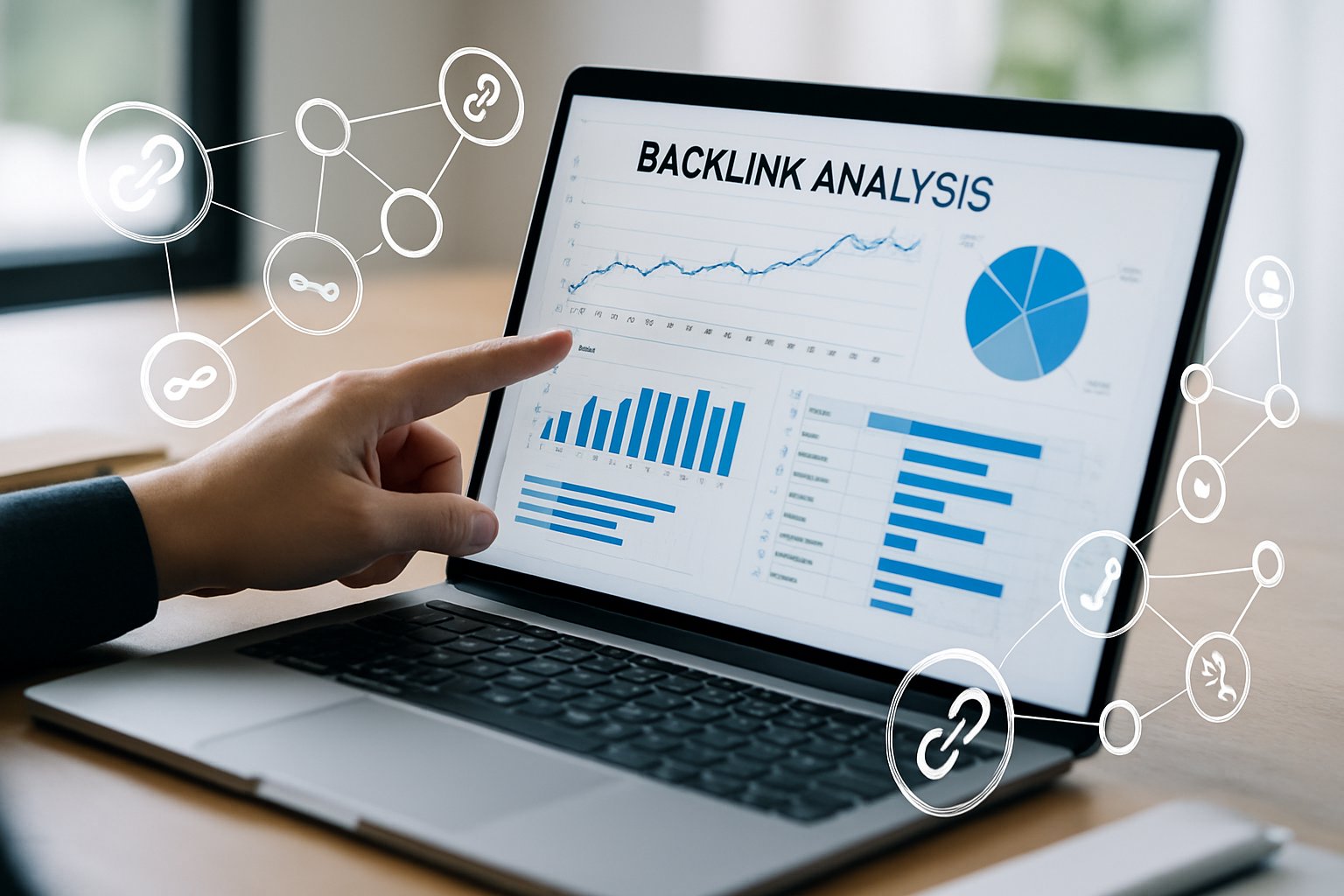 A person analyzing backlink data on a laptop with digital link icons and charts visible on the screen.